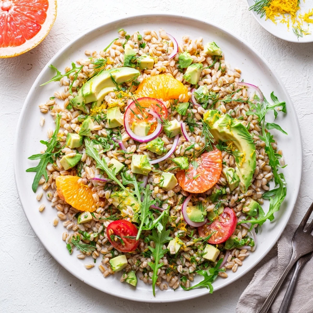 Colorful citrus herb farro and avocado salad bowl piled high with fresh vegetables