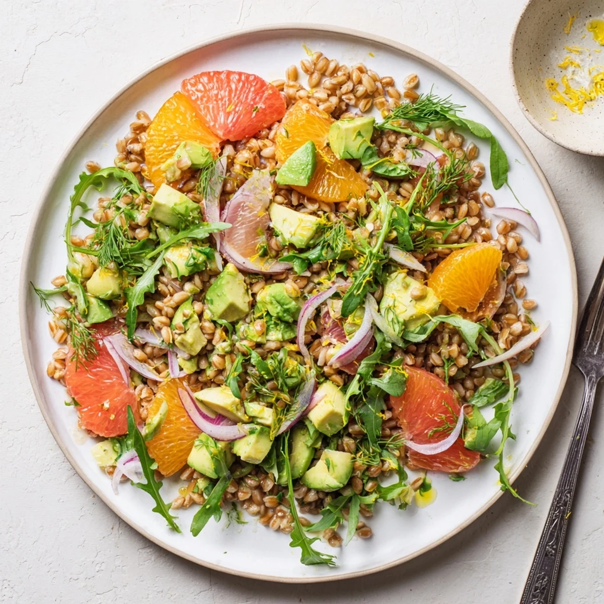 Mediterranean-style citrus herb farro salad featuring juicy orange and grapefruit with peppery arugula