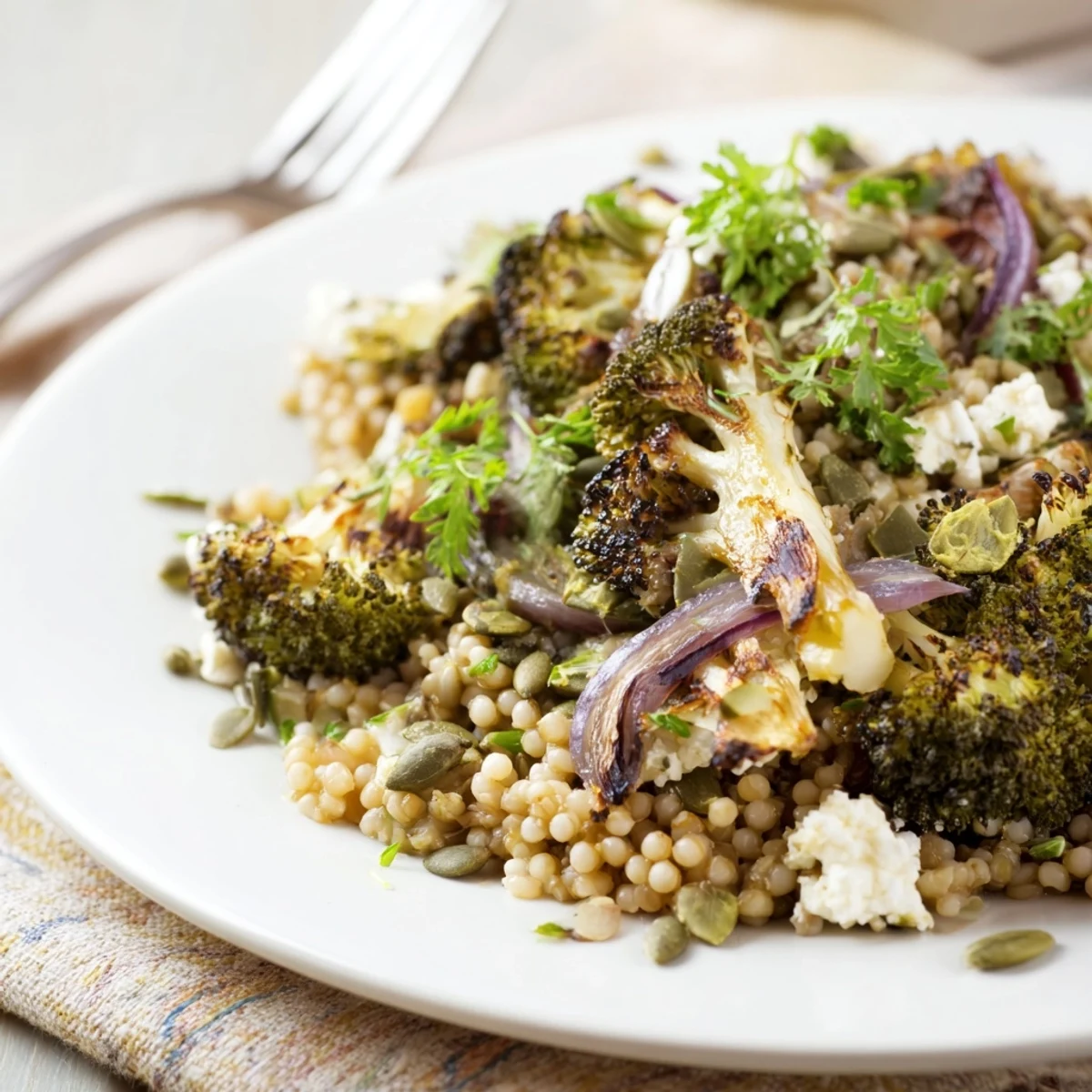 Warm grain bowl featuring nutty millet, caramelized broccoli florets, and zesty tahini sauce