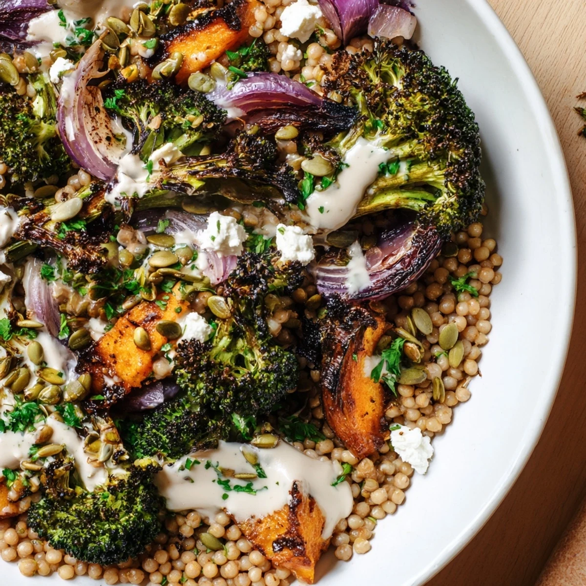 Golden brown roasted broccoli and fluffy millet tossed in creamy lemon-tahini dressing