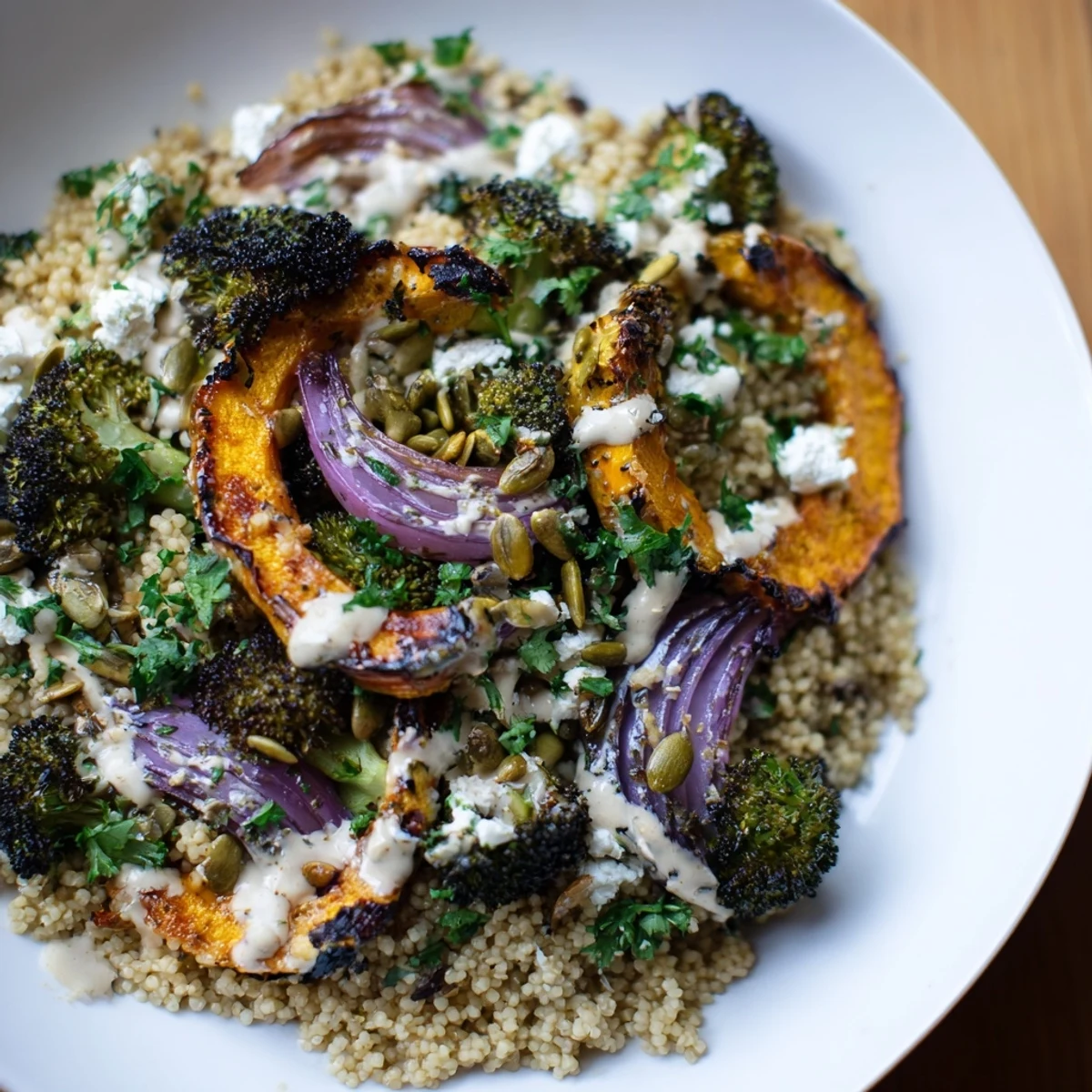Hearty millet salad topped with roasted vegetables, toasted pumpkin seeds, and fresh parsley garnish