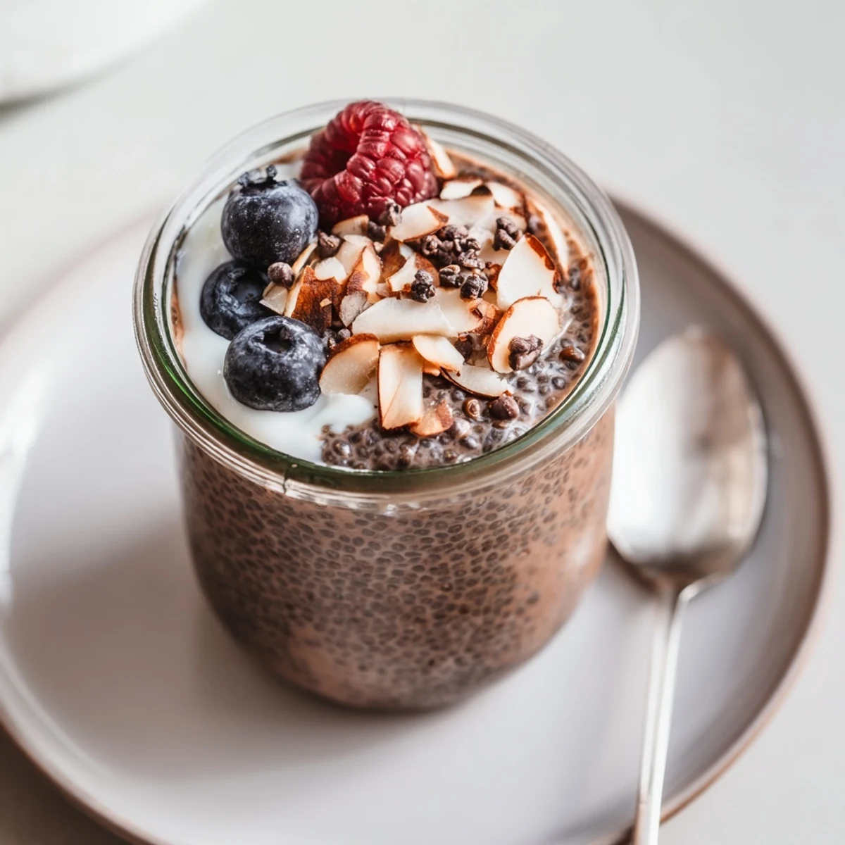 Cocoa Almond Coconut Chia Parfait in jar, creamy chocolate chia pudding, toasted almonds.
