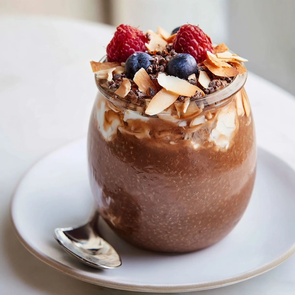 Layered Cocoa Almond Coconut Chia Parfait topped with shredded coconut and fresh berries.
