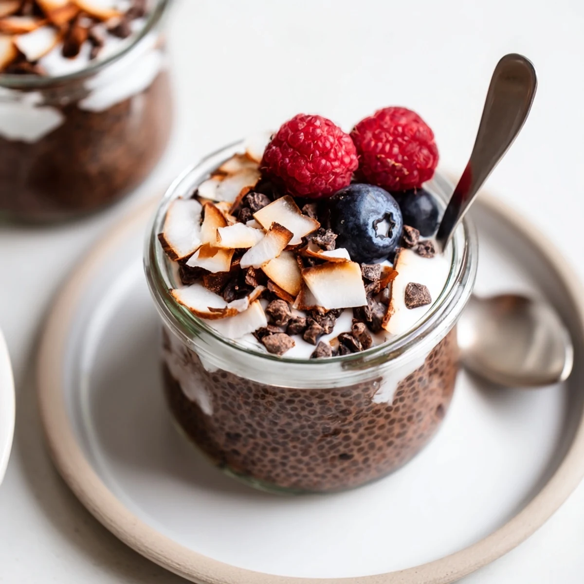 Chilled Cocoa Almond Coconut Chia Parfait with velvety pudding layers and cocoa nibs.