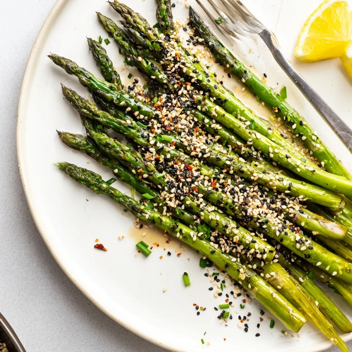 Roasted Asparagus With Toasted Sesame Crunch piled on platter, lemon wedges nearby.