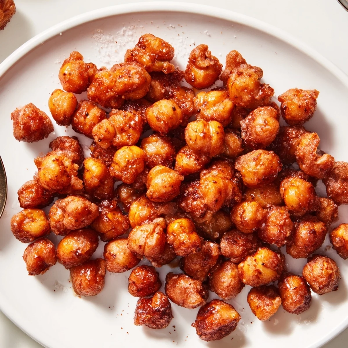Cooling Crispy Chili Maple Chickpea Clusters clustered on parchment, smoky-sweet aroma.
