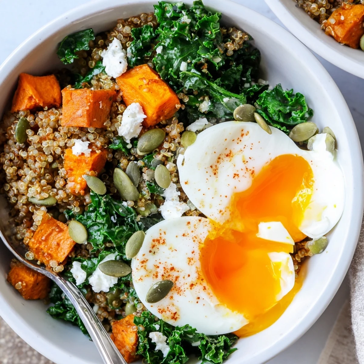 Savory Kale and Sweet Potato Amaranth Breakfast Bowl with soft-boiled egg