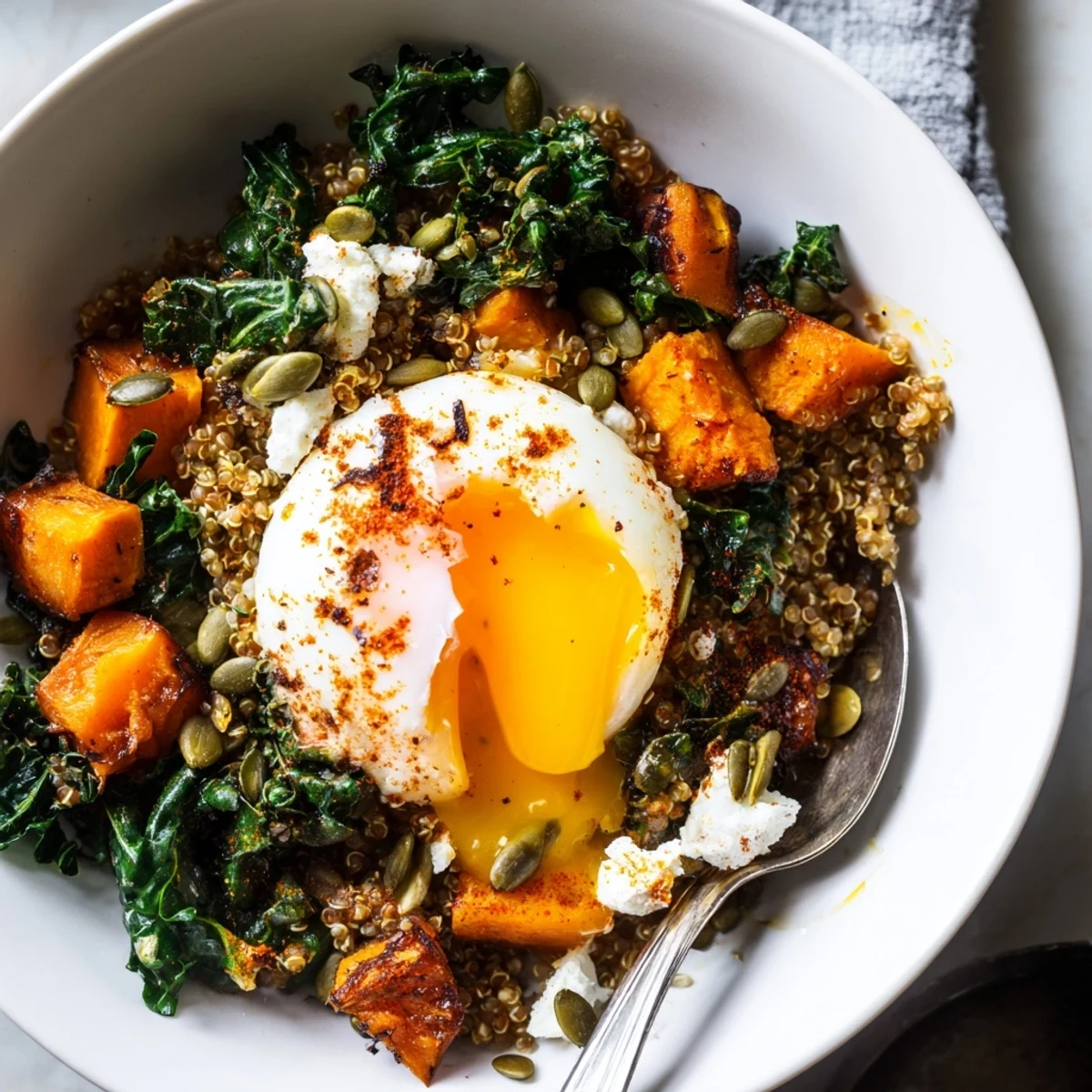 Savory Kale and Sweet Potato Amaranth Breakfast Bowl topped with crunchy pumpkin seeds