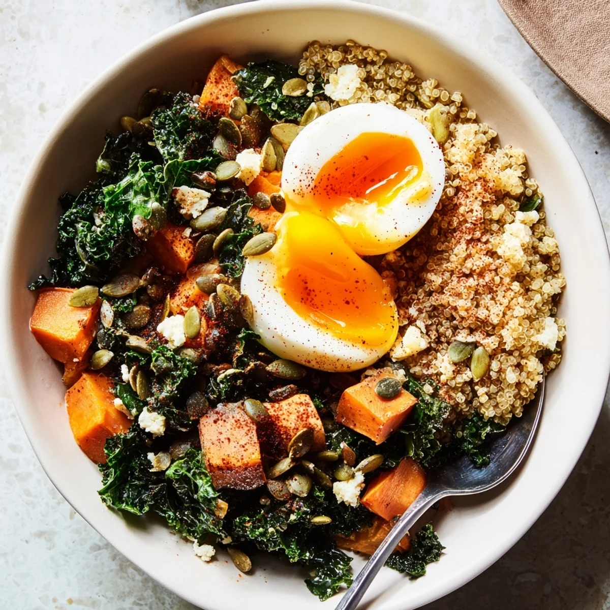 Hearty Savory Kale and Sweet Potato Amaranth Breakfast Bowl drizzled with olive oil