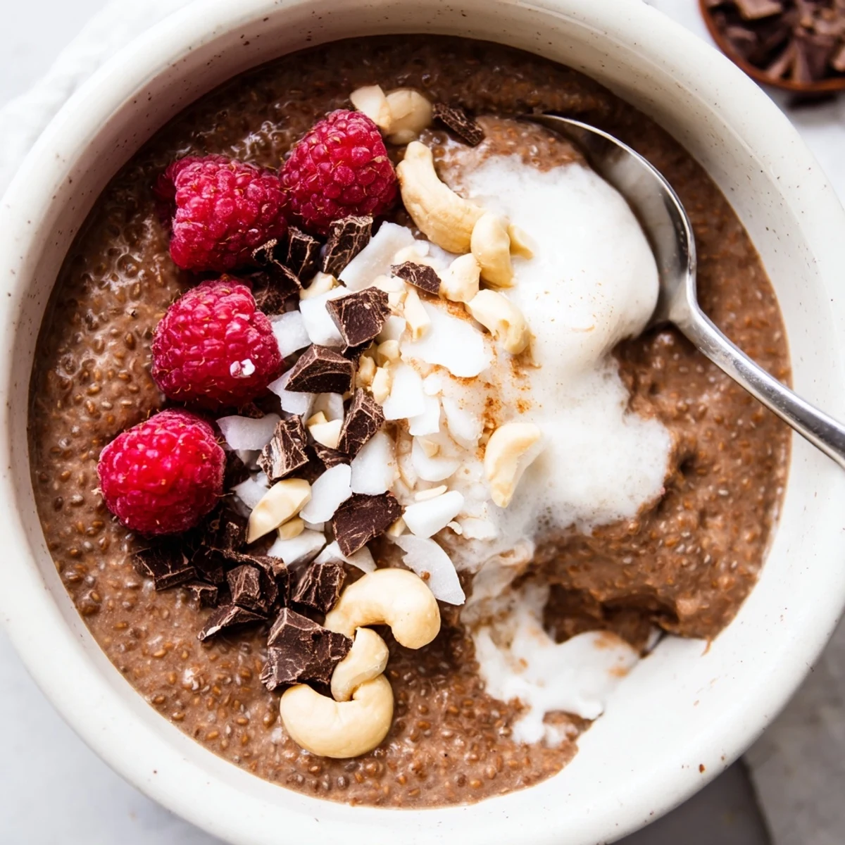 Chilled Cocoa Cashew Coconut Chia Delight topped with chopped roasted cashews