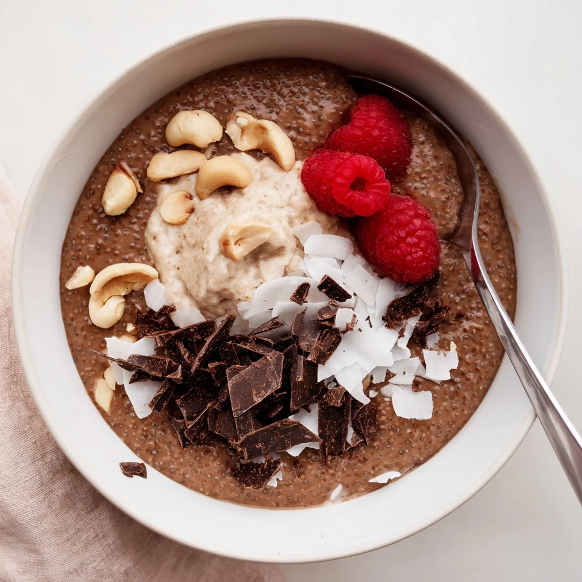 Cocoa Cashew Coconut Chia Delight in glass, creamy layers, toasted coconut garnish
