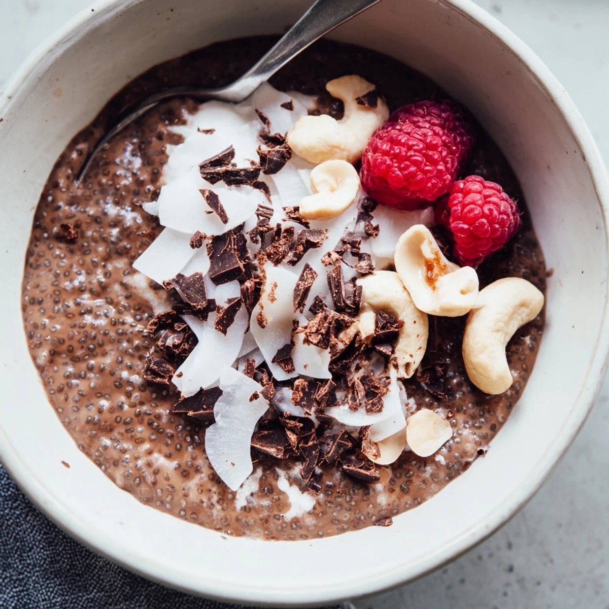 Velvety Cocoa Cashew Coconut Chia Delight, rich chocolate aroma, served with berries