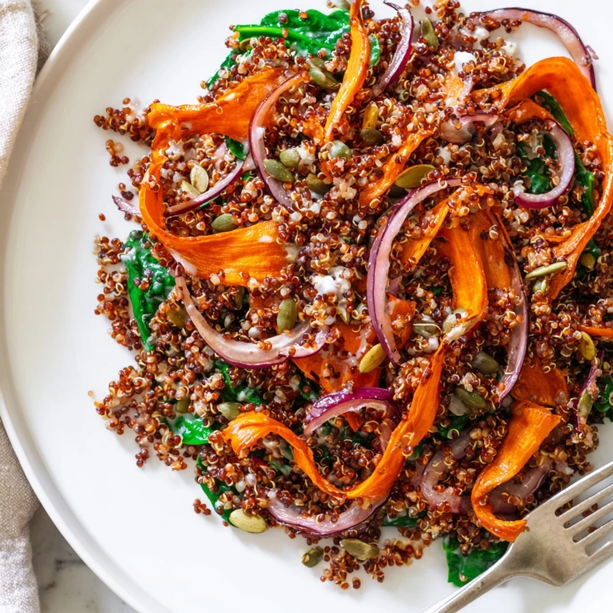 Warm Quinoa and Roasted Carrot Ribbon Salad glistening with lemon-tahini dressing, pumpkin seeds.