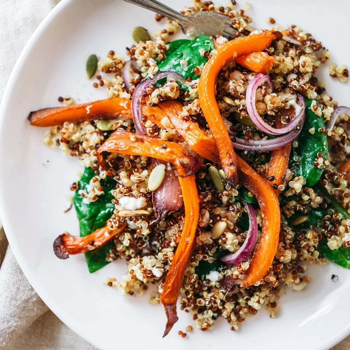 Warm Quinoa and Roasted Carrot Ribbon Salad served as colorful light lunch, feta optional.