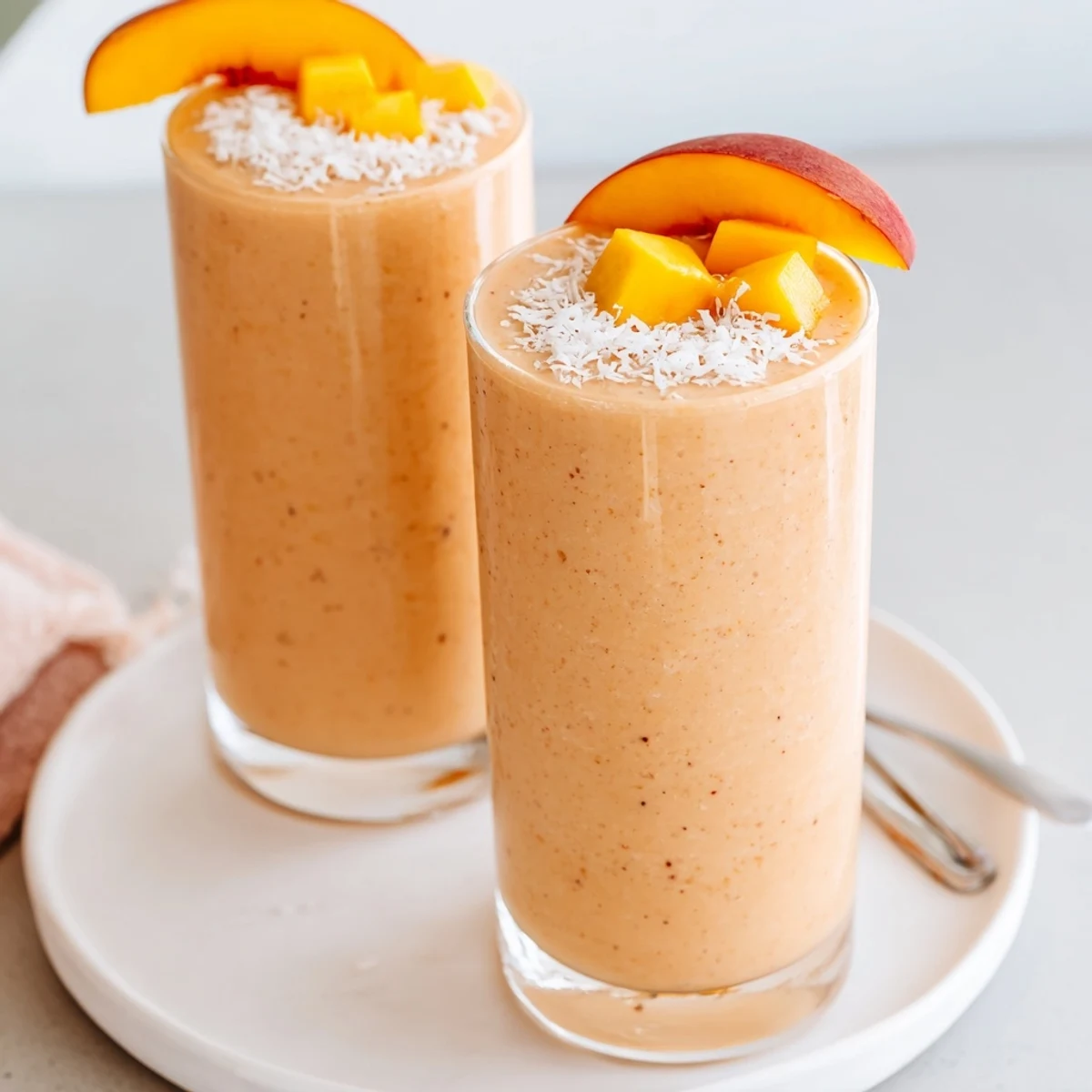 Glistening glass of Peach Mango Coconut Smoothie, sweet peach aroma and silky texture