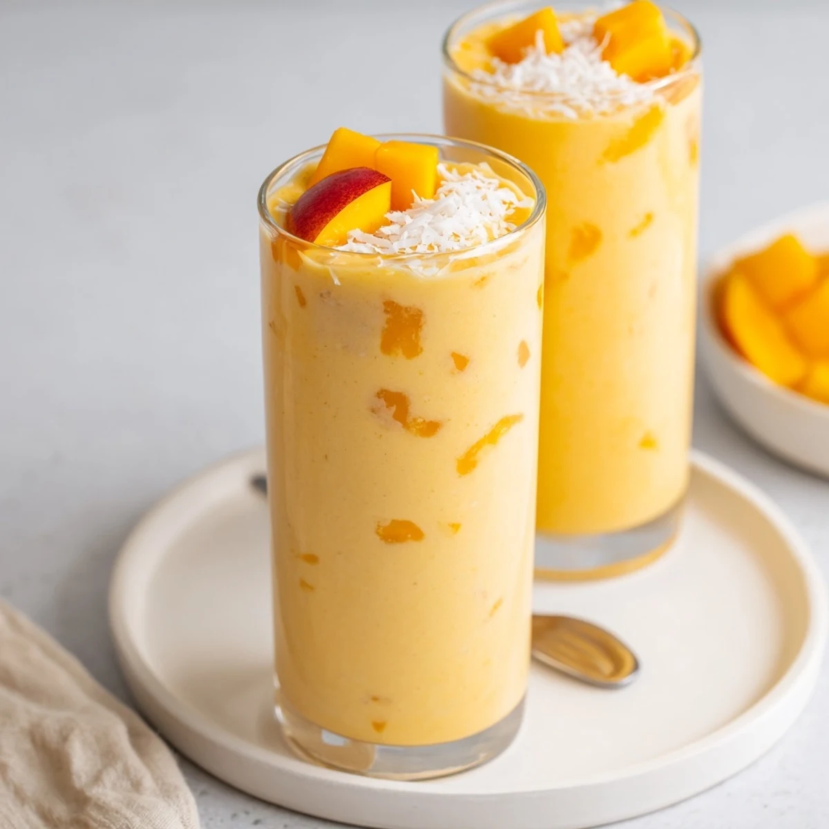 Peach Mango Coconut Smoothie poured into two glasses, creamy, refreshing midday pick-me-up