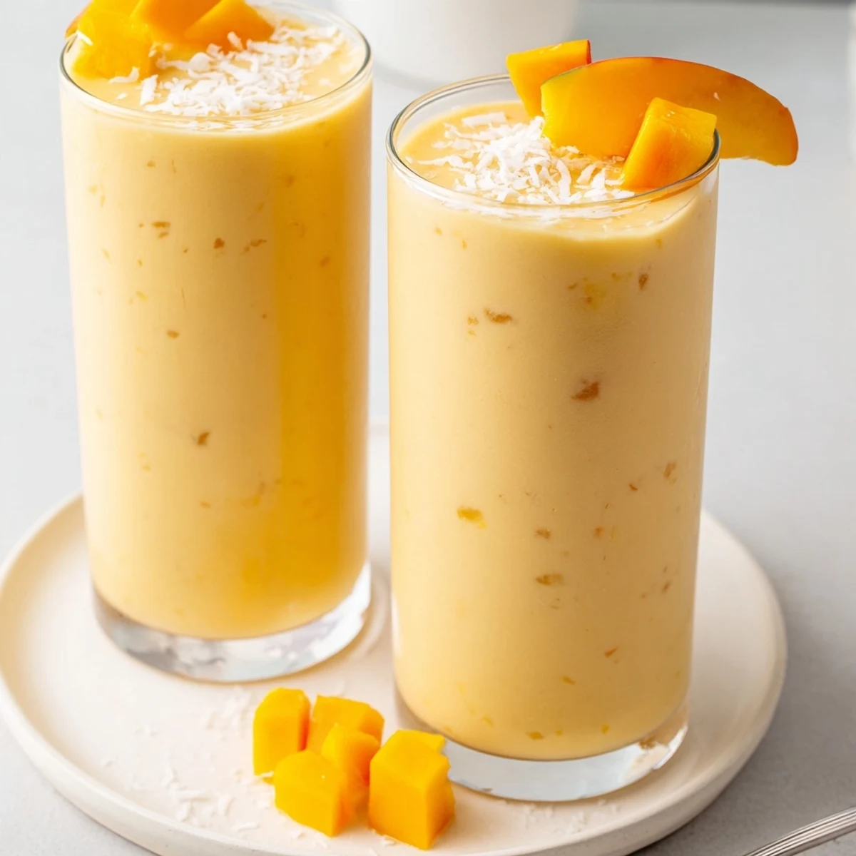 Chilled, shredded coconut sprinkled, bright citrus aroma in this Peach Mango Coconut Smoothie