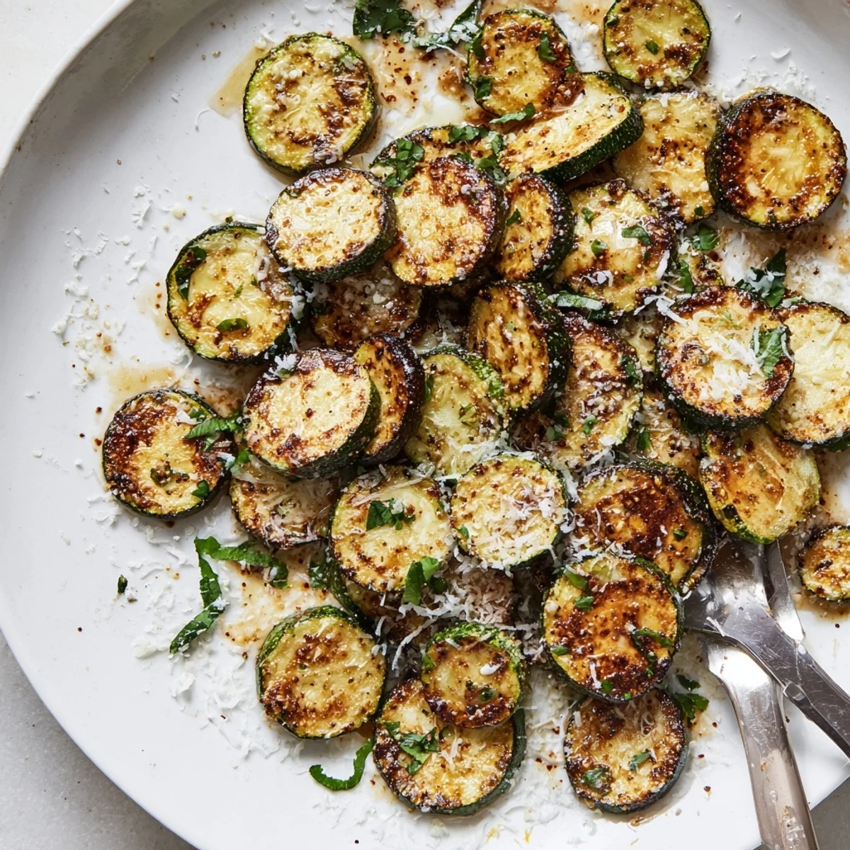 Smoky Roasted Zucchini Coins, golden-edged and tender, sprinkled with Parmesan