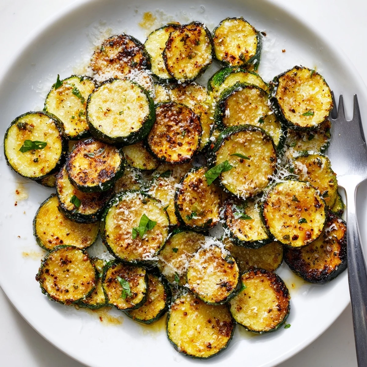 Oven-browned Smoky Roasted Zucchini Coins on parchment, ready with lemon