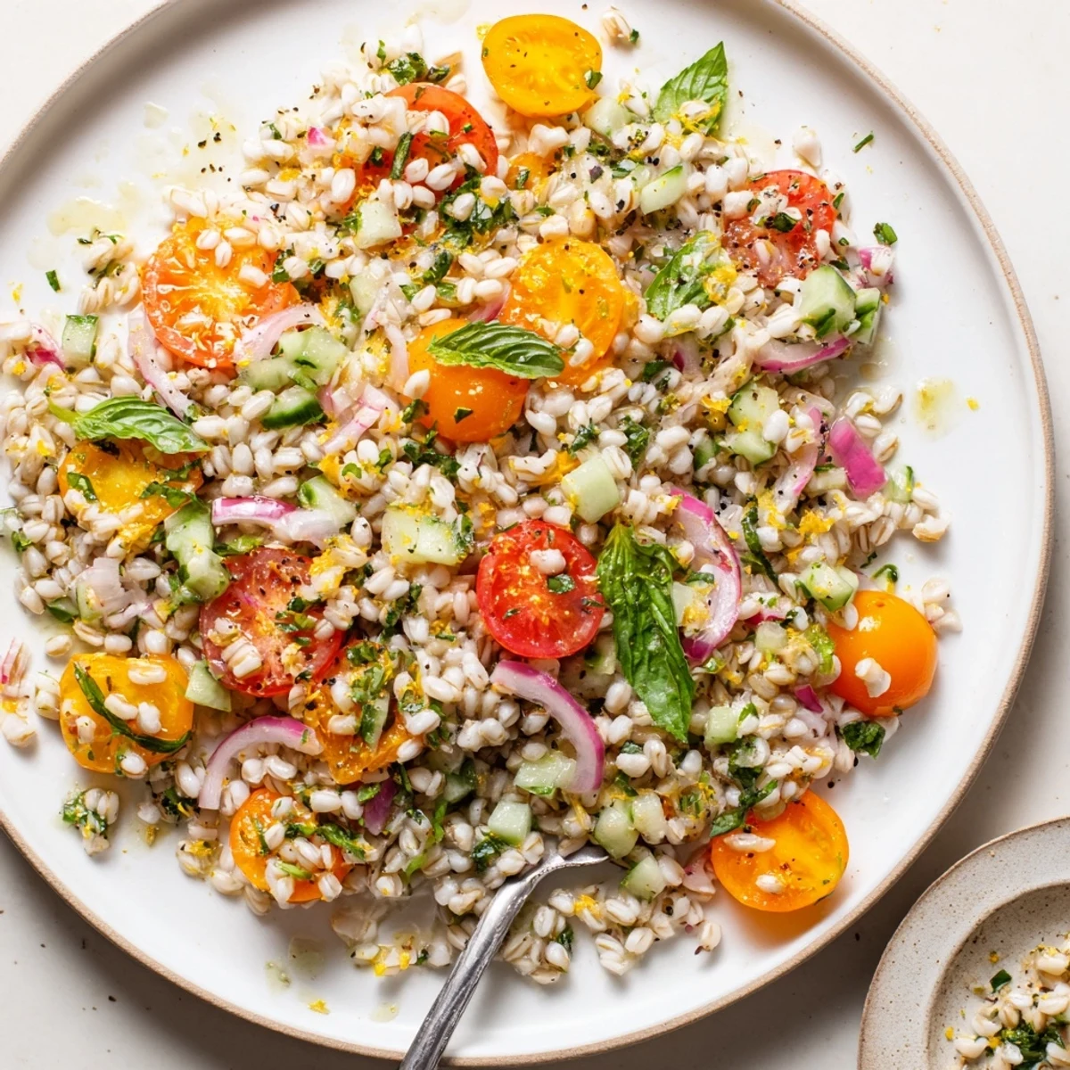 Chilled Citrus Herb Barley and Tomato Salad studded with juicy cherry tomatoes