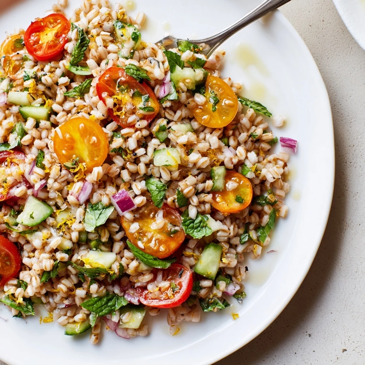 Citrus Herb Barley and Tomato Salad in bowl with zesty citrus vinaigrette