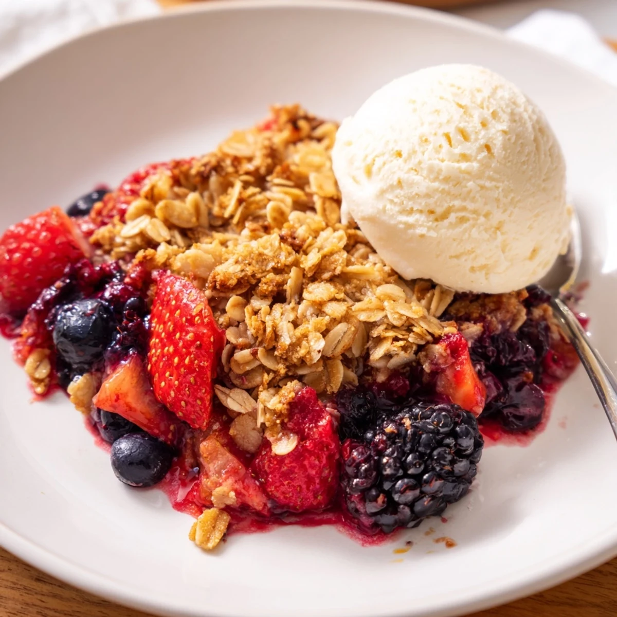 Warm Vanilla Coconut Berry Crisp bubbling with juicy berries and golden topping