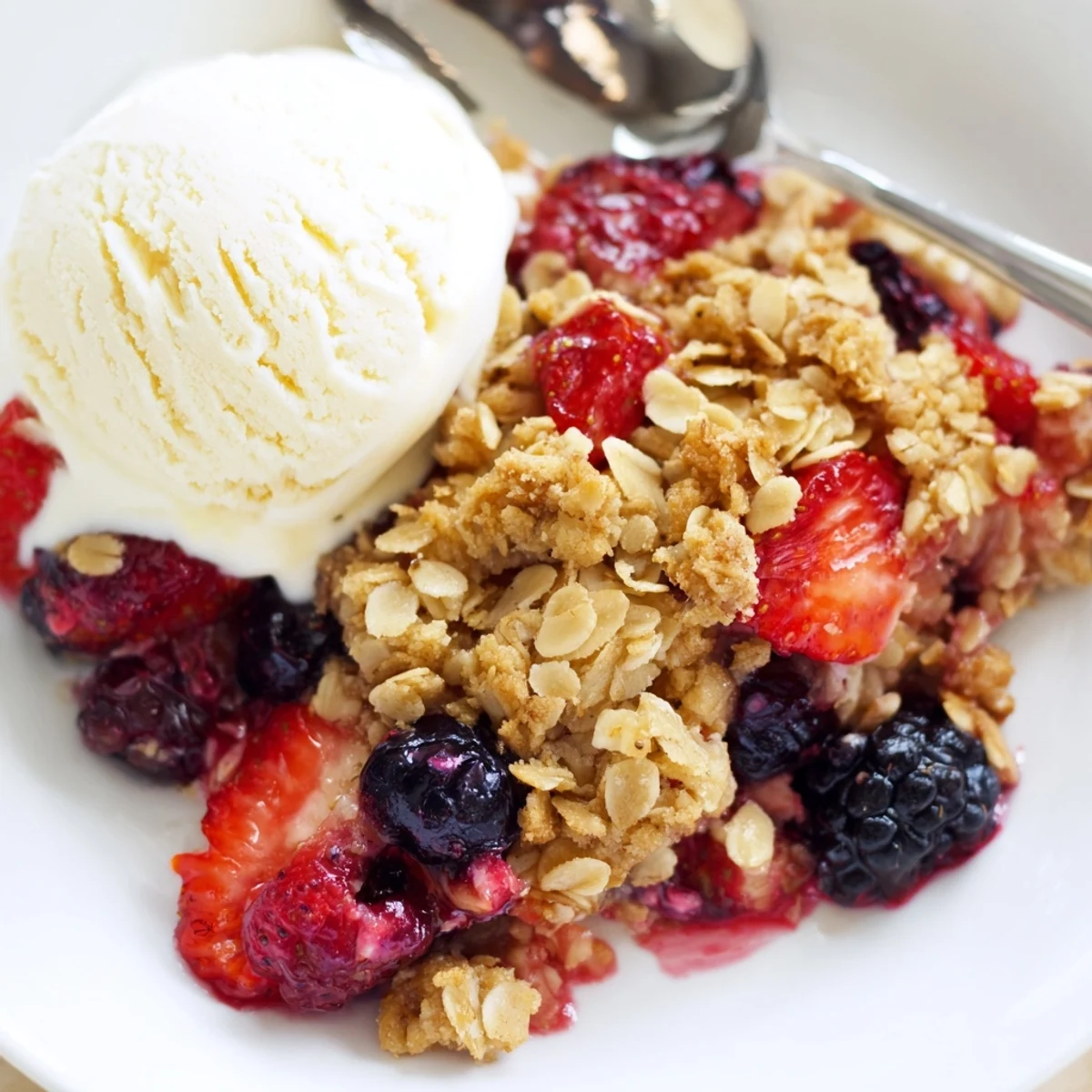 Baked Vanilla Coconut Berry Crisp in a rustic dish, toasted coconut crunch