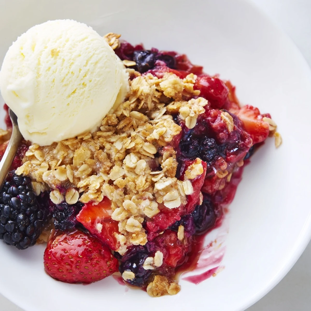 Spoonful of Vanilla Coconut Berry Crisp served warm with melting vanilla ice cream