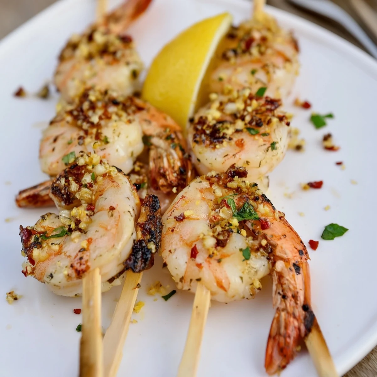 Lemon Chili Garlic Grilled Shrimp glistening with char, lemon wedges, fresh parsley.