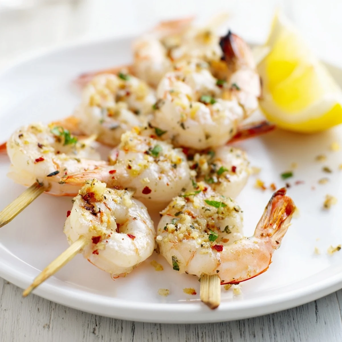 Charred Lemon Chili Garlic Grilled Shrimp skewers steaming over a hot grill.