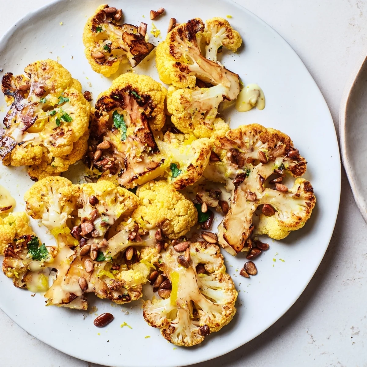 Warm Roasted Cauliflower With Lemon Tahini Crunch topped with almond and pepita herb crunch