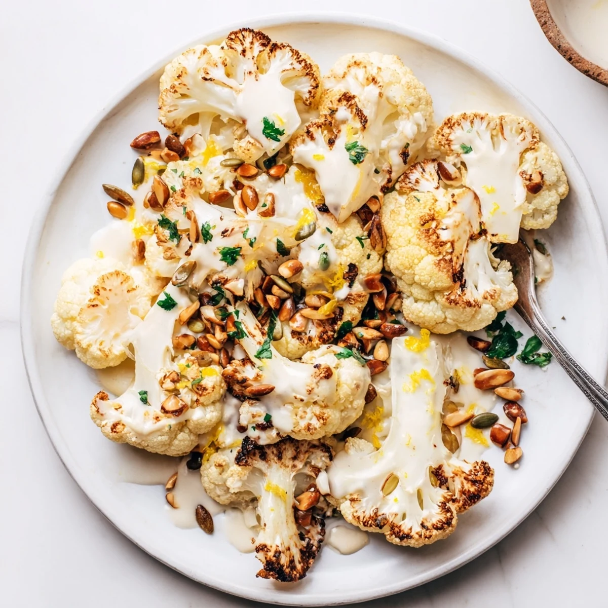 Roasted Cauliflower With Lemon Tahini Crunch, golden florets drizzled with tangy sauce