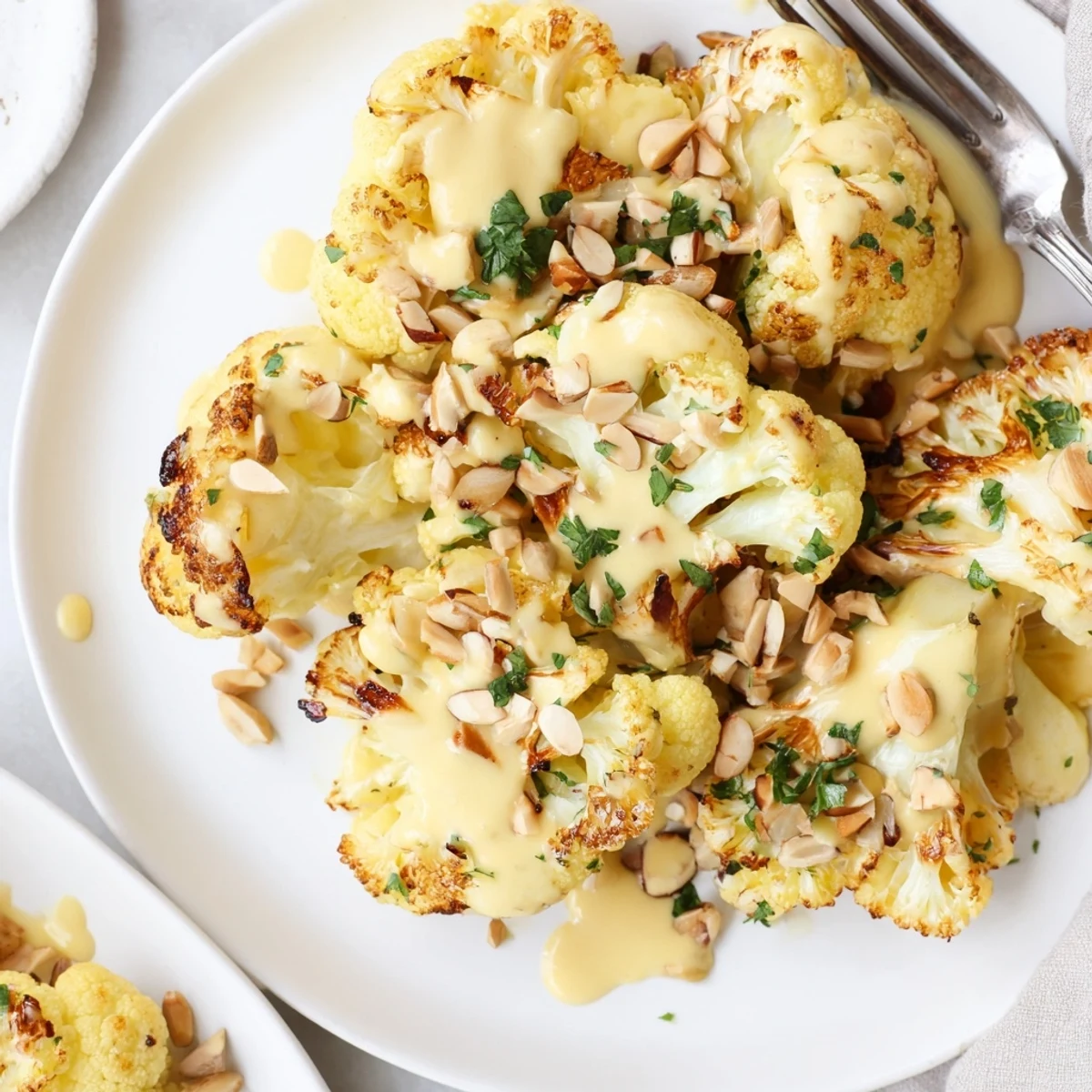 Roasted Cauliflower With Lemon Tahini Crunch served over warm grains, crisp edges visible