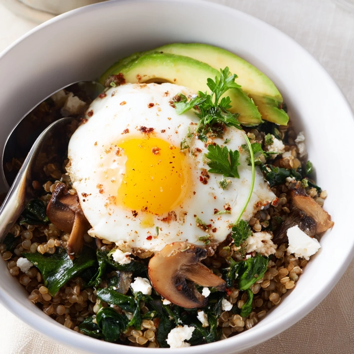 Savory Spinach and Mushroom Sorghum Breakfast Bowl topped with golden runny egg