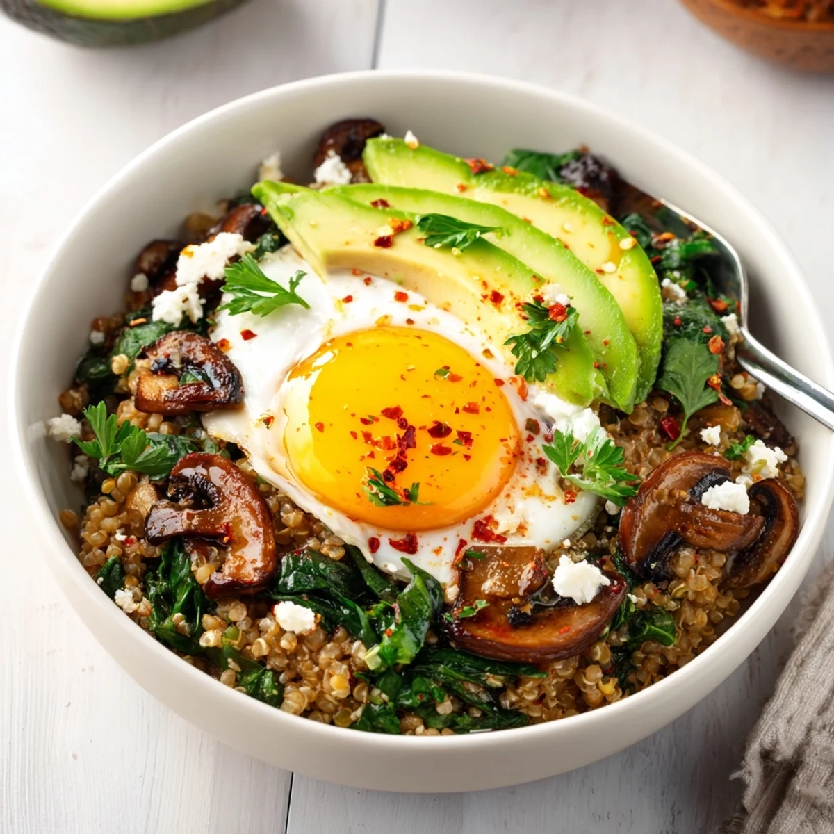 Warm Savory Spinach and Mushroom Sorghum Breakfast Bowl with buttery sautéed mushrooms