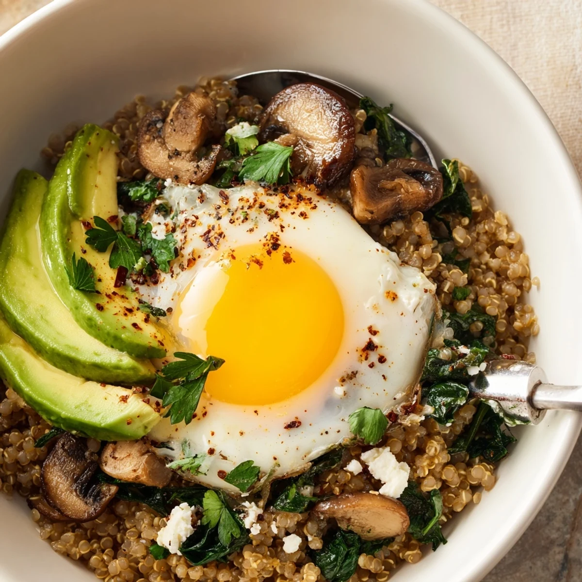 Savory Spinach and Mushroom Sorghum Breakfast Bowl garnished with creamy avocado and parsley