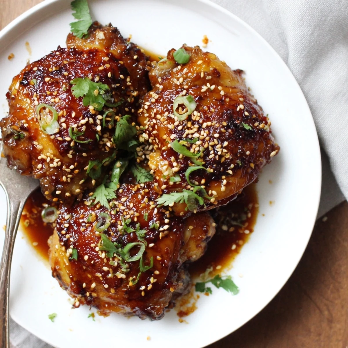 Pan-roasted Honey Chili Glazed Chicken Skillet served over steamed rice, green onions.