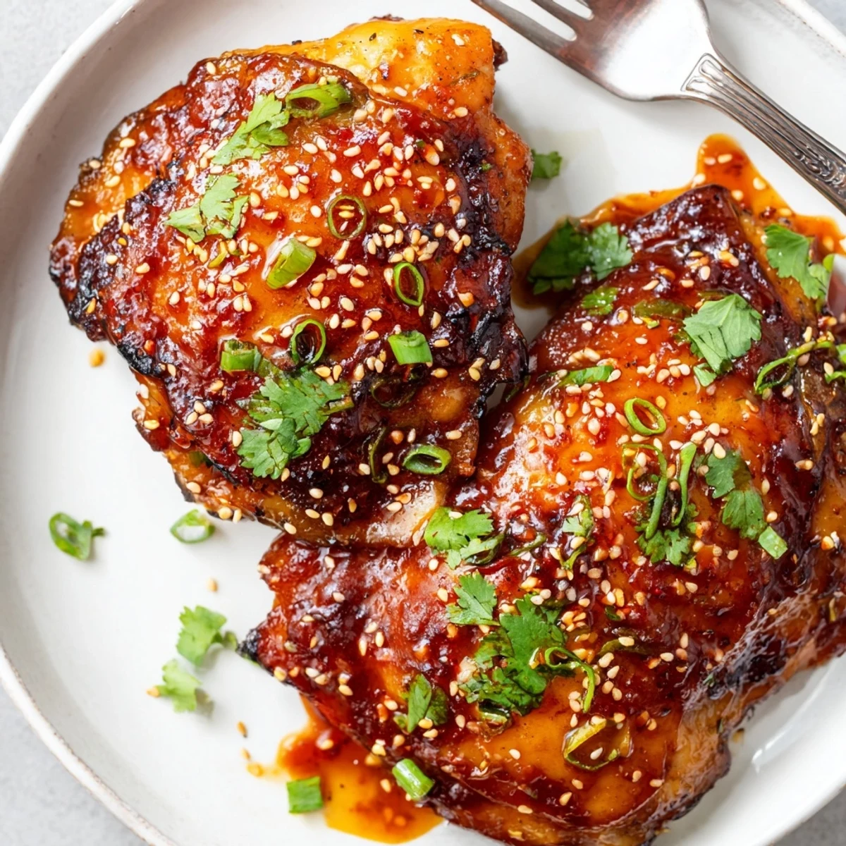 Sticky Honey Chili Glazed Chicken Skillet with charred skin and a lime squeeze.