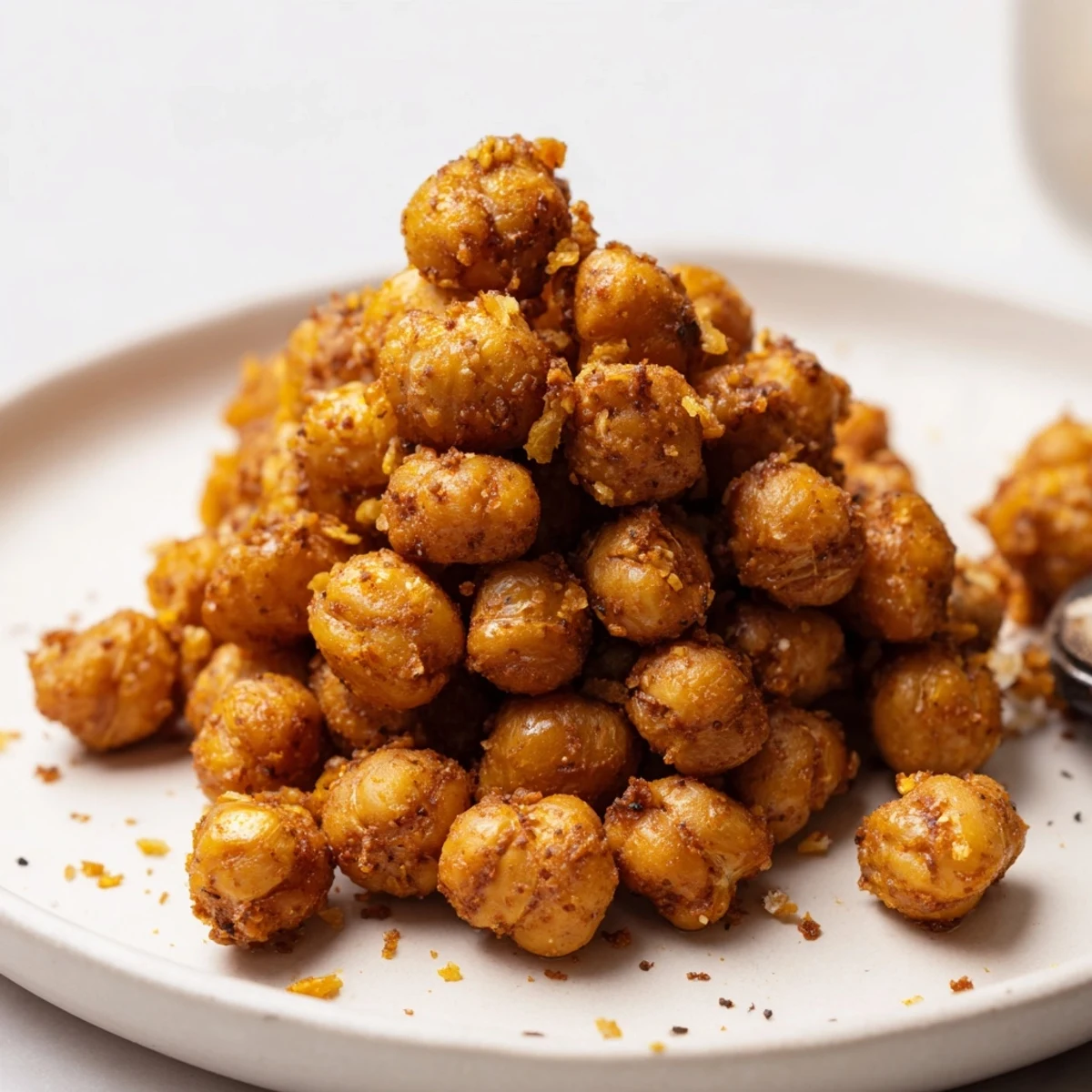 Warm Crispy Garlic Chili Chickpea Clusters scattered over a fresh green salad.
