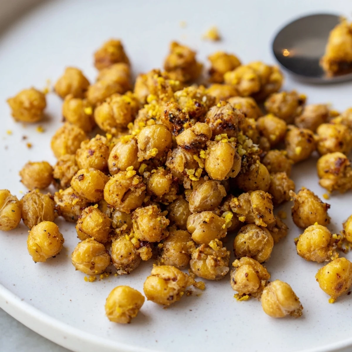 Bowl of zesty Crispy Garlic Chili Chickpea Clusters, garlicky aroma and spicy kick.