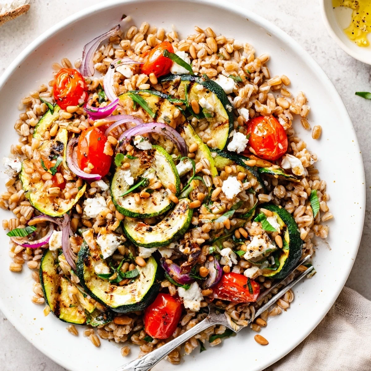 Warm Farro and Roasted Zucchini Ribbon Salad served warm with lemony dressing