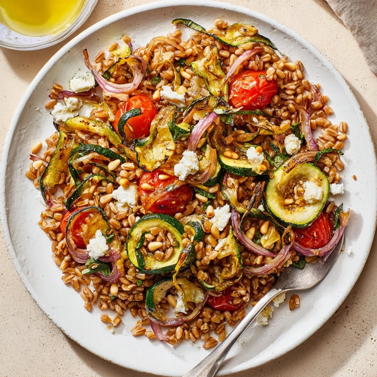 Roasted zucchini ribbons atop nutty farro in Warm Farro and Roasted Zucchini Ribbon Salad