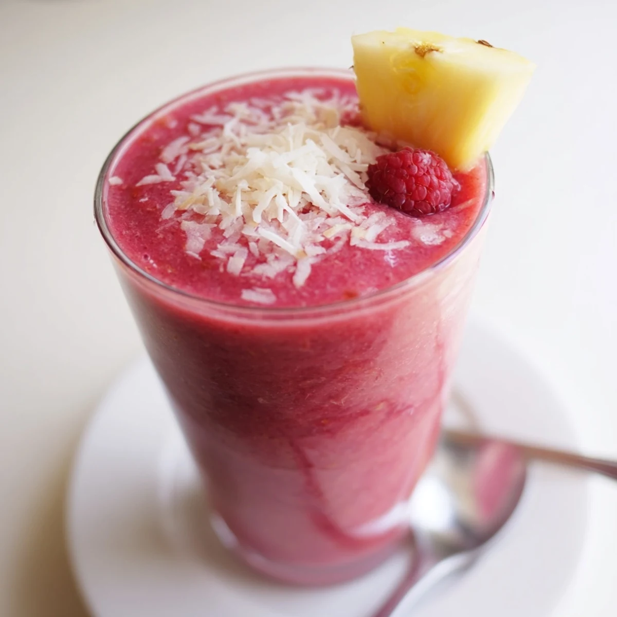 Raspberry Pineapple Coconut Smoothie poured into tall glass with shredded coconut