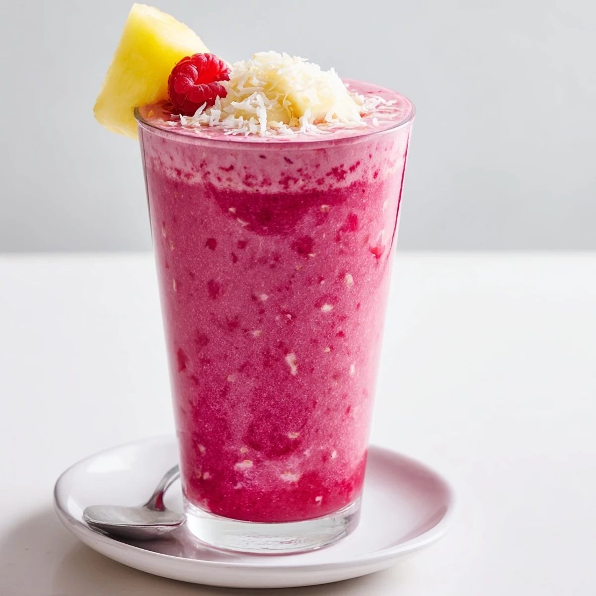 Breakfast ready Raspberry Pineapple Coconut Smoothie with banana creaminess and tropical aroma