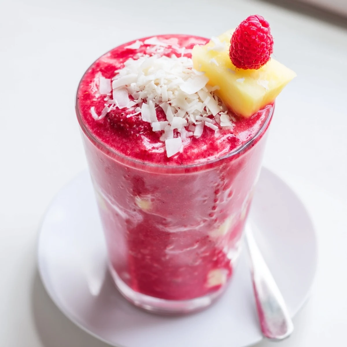 Chilled Raspberry Pineapple Coconut Smoothie tasting bright, tangy pineapple and creamy coconut