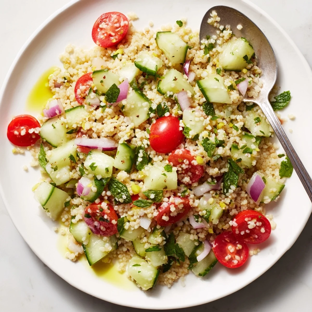 Light summer lunch: Citrus Herb Millet and Cucumber Salad with refreshing mint.