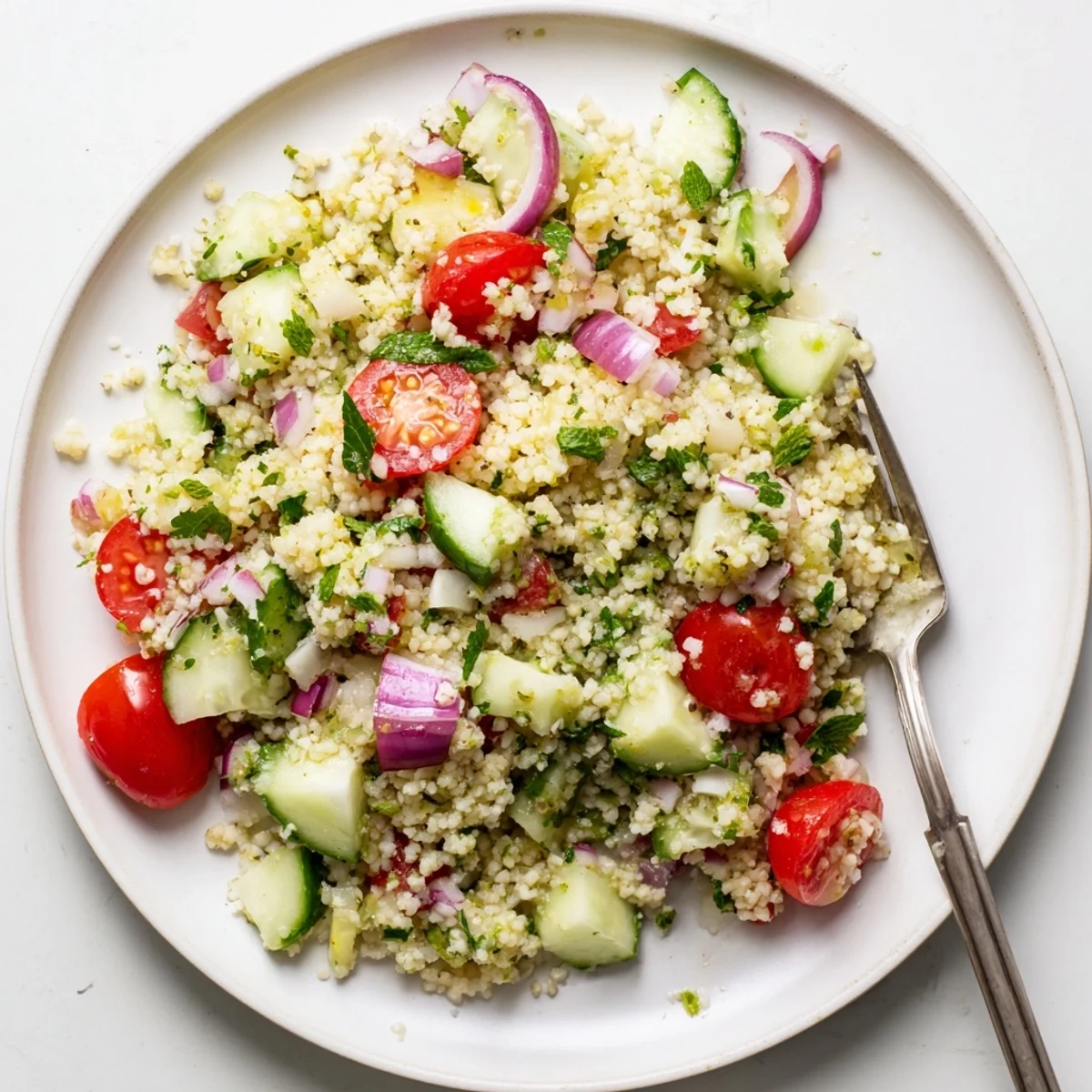 A vibrant bowl of fluffy grains and herbs — Citrus Herb Millet and Cucumber Salad.