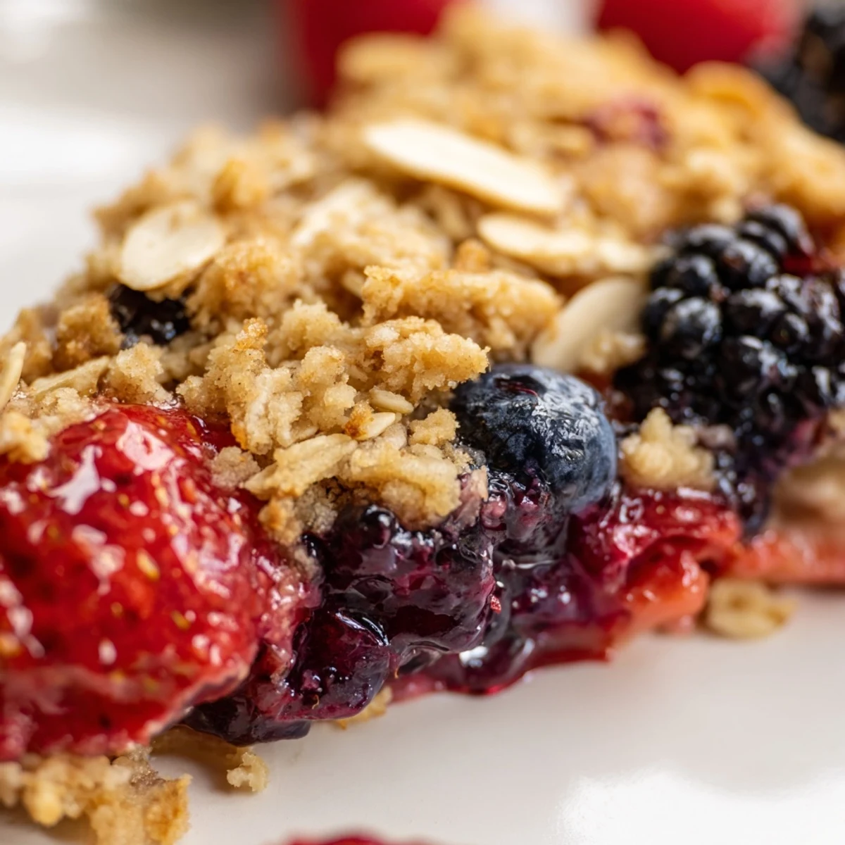 Warm Vanilla Berry Almond Crumble bubbling with glossy berries and golden topping