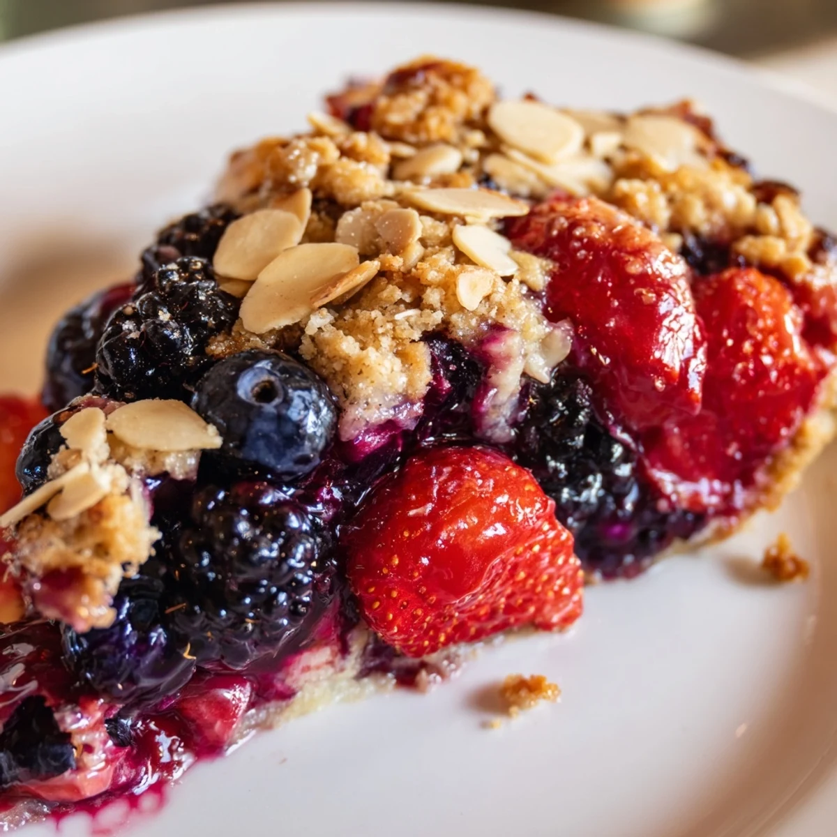 Golden almond clusters and tender berries in Vanilla Berry Almond Crumble, aromatic cinnamon