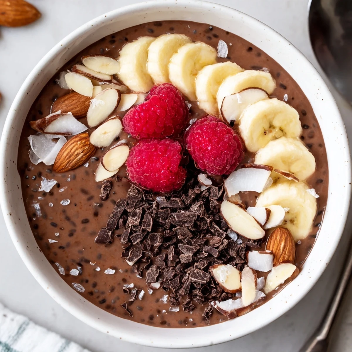 Creamy Cocoa Almond Coconut Chia Delight topped with berries, glossy chocolate shavings